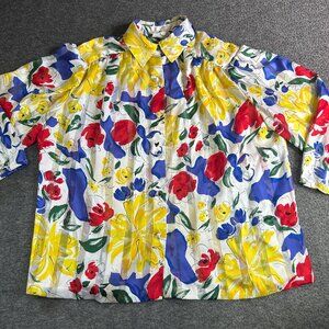 Vintage Anne Klein Silky Sheer Floral Button Up Blouse 80s Size 4 Oversized Fit